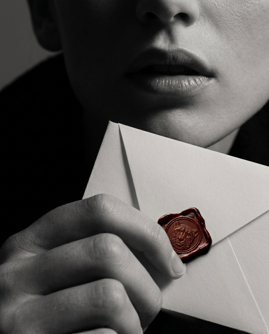 A hand holding an envelope close to a half-hidden face