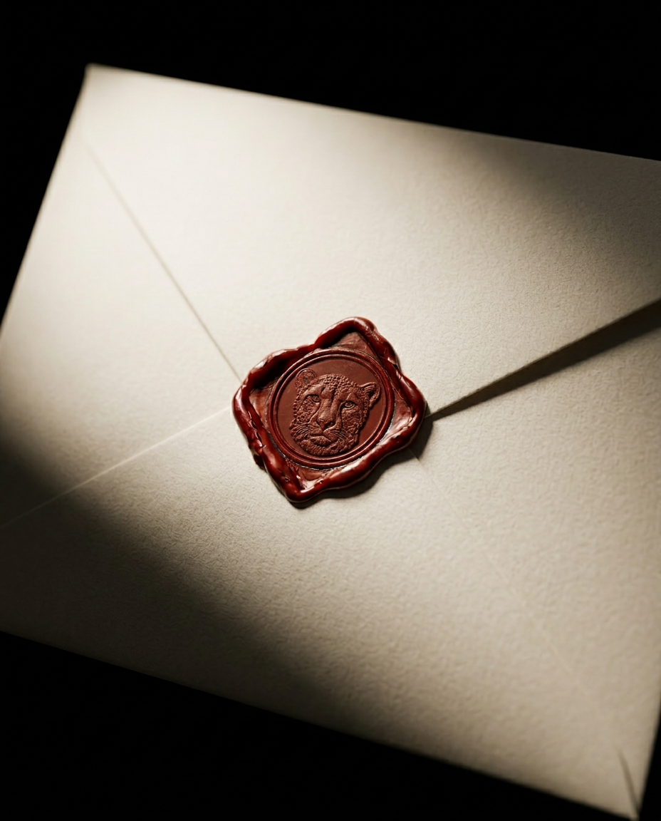 A cream envelope emerging from darkness, sealed in red